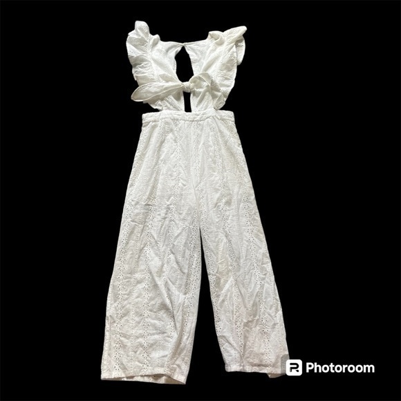 Blue Blush white embroidered jumpsuit with bow and open slits and key hole back - Picture 1 of 10